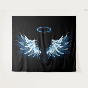 Blue Glowing Angel Wings on black background Tapestry