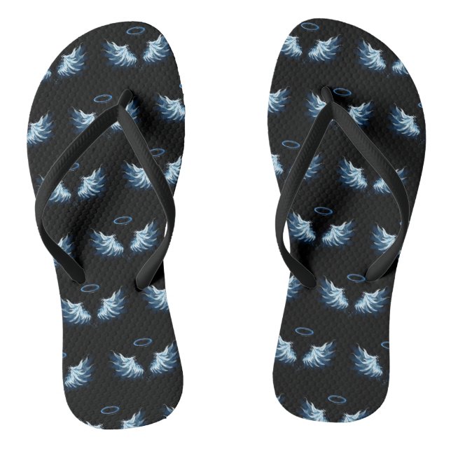 Blue Glowing Angel Wings on black background Thongs (Footbed)