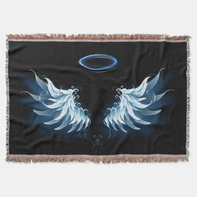 Blue Glowing Angel Wings on black background Throw Blanket (Front)
