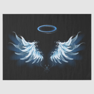 Blue Glowing Angel Wings on black background Tissue Paper