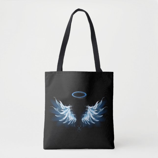 Blue Glowing Angel Wings on black background Tote Bag (Front)