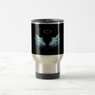Blue Glowing Angel Wings on black background Travel Mug