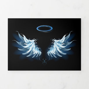Blue Glowing Angel Wings on black background Tri-Fold Card