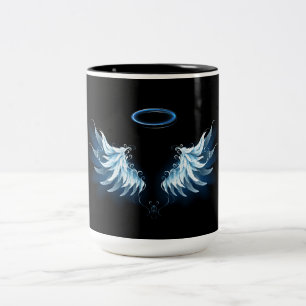 Blue Glowing Angel Wings on black background Two-Tone Coffee Mug