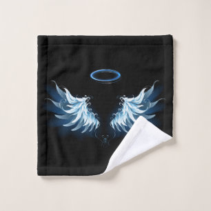 Blue Glowing Angel Wings on black background Wash Cloth