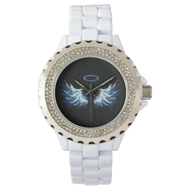 Blue Glowing Angel Wings on black background Watch (Front)