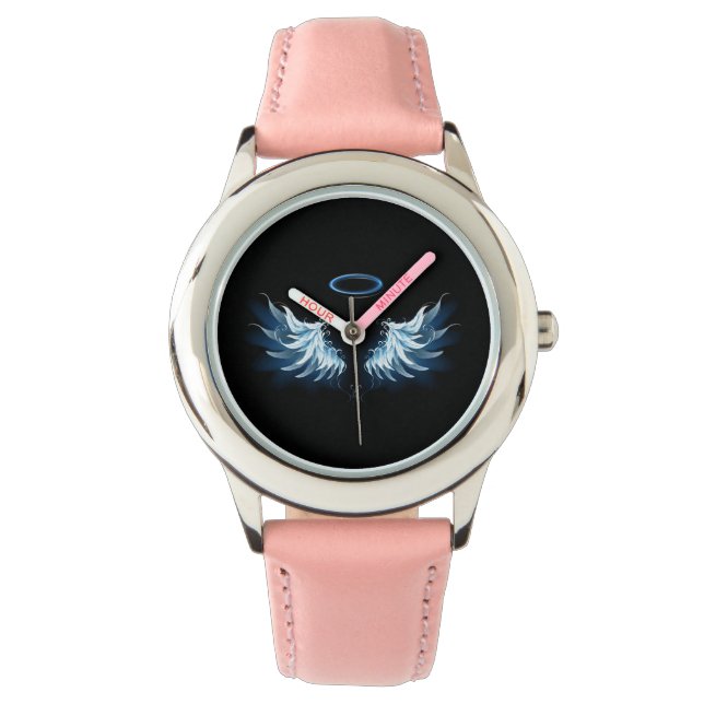 Blue Glowing Angel Wings on black background Watch (Front)