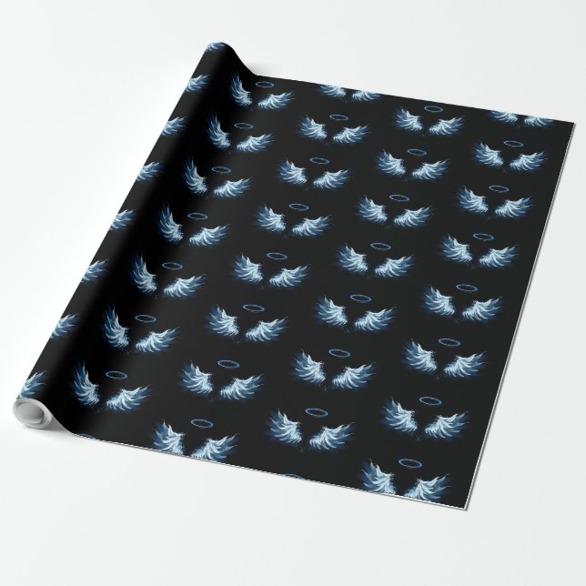 Blue Glowing Angel Wings on black background Wrapping Paper (Unrolled)