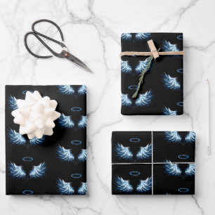 Blue Glowing Angel Wings on black background Wrapping Paper Sheet