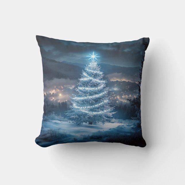 Blue Glowing Winter Night Christmas Tree Cushion (Front)
