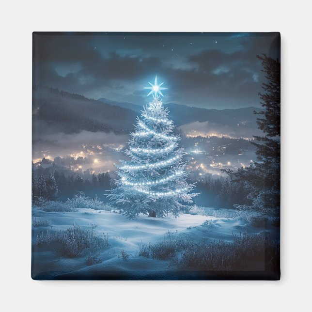Blue Glowing Winter Night Christmas Tree Magnet (Front)