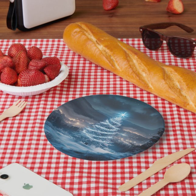 Blue Glowing Winter Night Christmas Tree Paper Plate (Picnic)