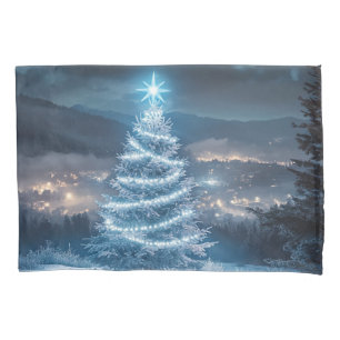 Blue Glowing Winter Night Christmas Tree Pillowcase
