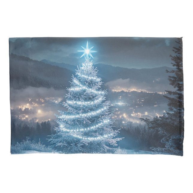 Blue Glowing Winter Night Christmas Tree Pillowcase (Front)