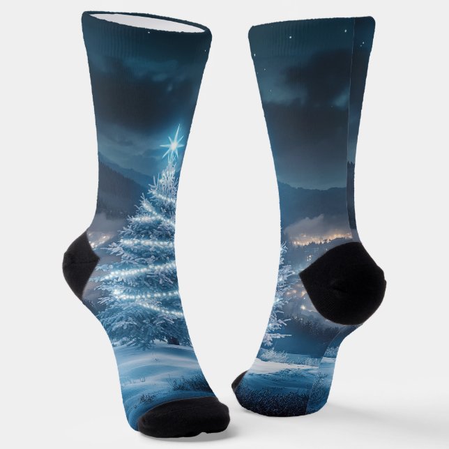 Blue Glowing Winter Night Christmas Tree Socks (Angled)