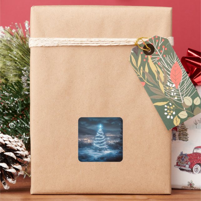Blue Glowing Winter Night Christmas Tree Square Sticker (Holiday)