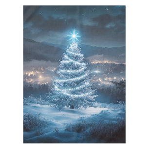 Blue Glowing Winter Night Christmas Tree Tablecloth