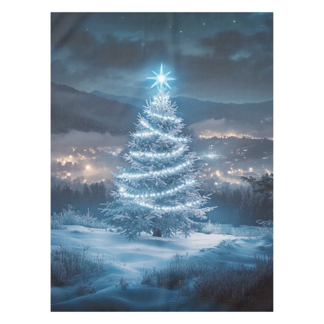 Blue Glowing Winter Night Christmas Tree Tablecloth (Front)