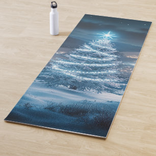 Blue Glowing Winter Night Christmas Tree Yoga Mat