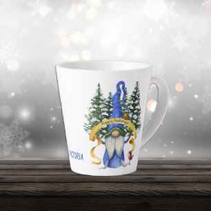 Blue Gnome Holiday Wishes Personalised Latte Mug