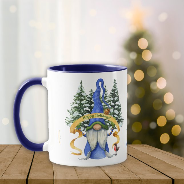 Blue Gnome Holiday Wishes Personalised Mug (Creator Uploaded)