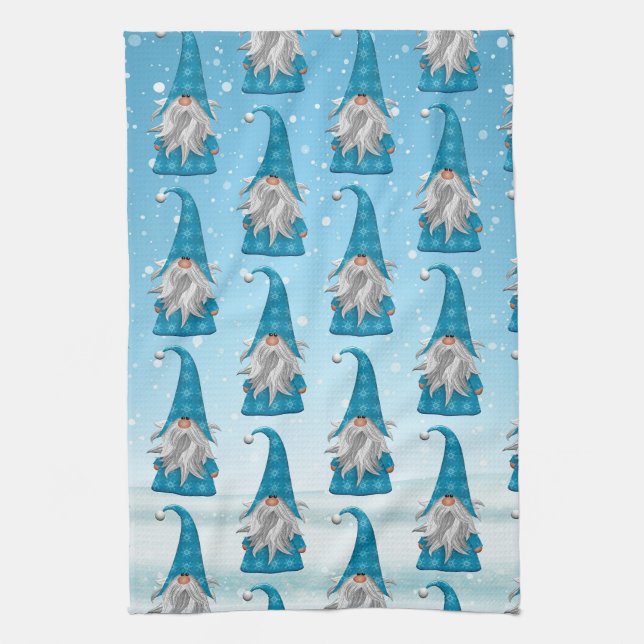 Blue Gnome On Snow Tea Towel (Vertical)