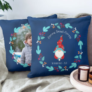 Blue Gnome Sweet Gnome Elf Photo Floral Wreath Cushion