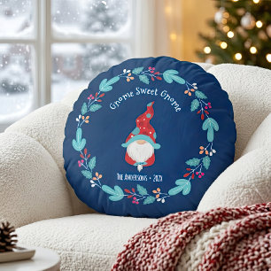 Blue Gnome Sweet Gnome Modern Elf Floral Wreath Round Cushion