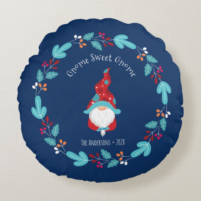 Blue Gnome Sweet Gnome Modern Elf Floral Wreath Round Cushion (Front)