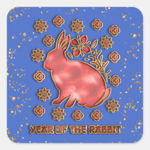 Blue Gold 2023 Rabbit Lunar Chinese New Year Square Sticker