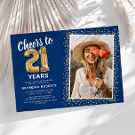 Blue Gold 21st Birthday Photo Invitation<br><div class="desc">Elegant twenty-first birthday party invitation featuring a trendy blue background that can be changed to any colour,  a photo of the birthday girl / boy,  gold sparkly glitter,  twenty one gold hellium balloons,  and a modern 21st birthday celebration text template that is easy to personalise.</div>