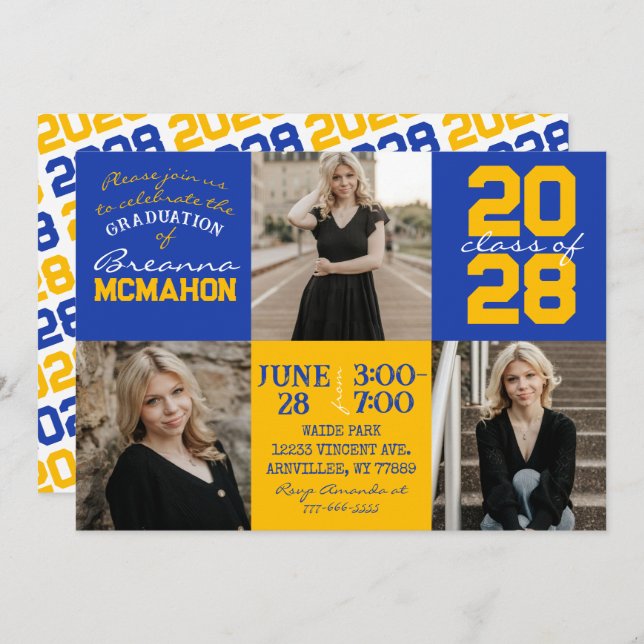 Blue & Gold 3 Photo Graduation Invitation (Front/Back)