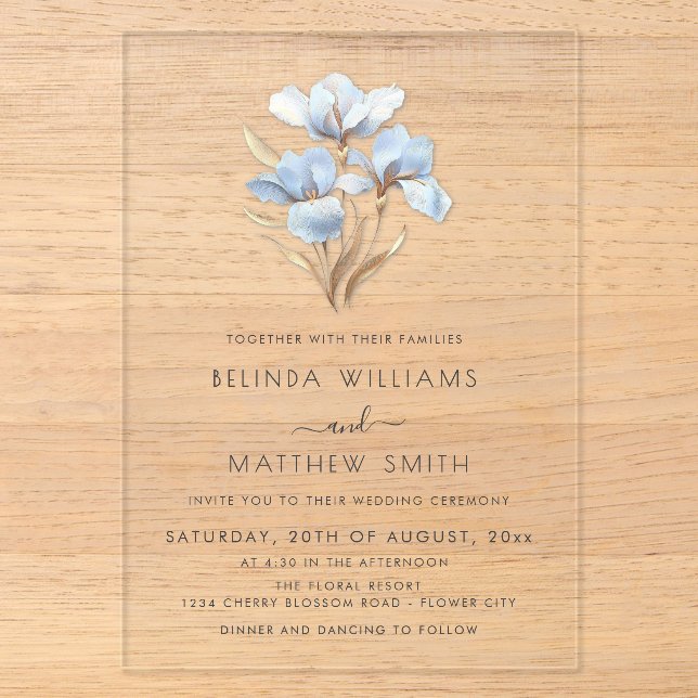 Blue Gold 3D Flowers  Acrylic Invitations (Front)
