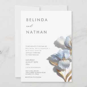 Blue Gold 3D Flowers White Invitation