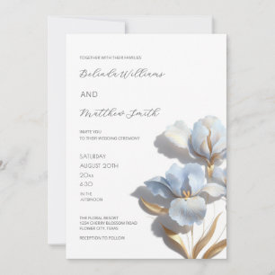 Blue Gold 3D Flowers White Invitation