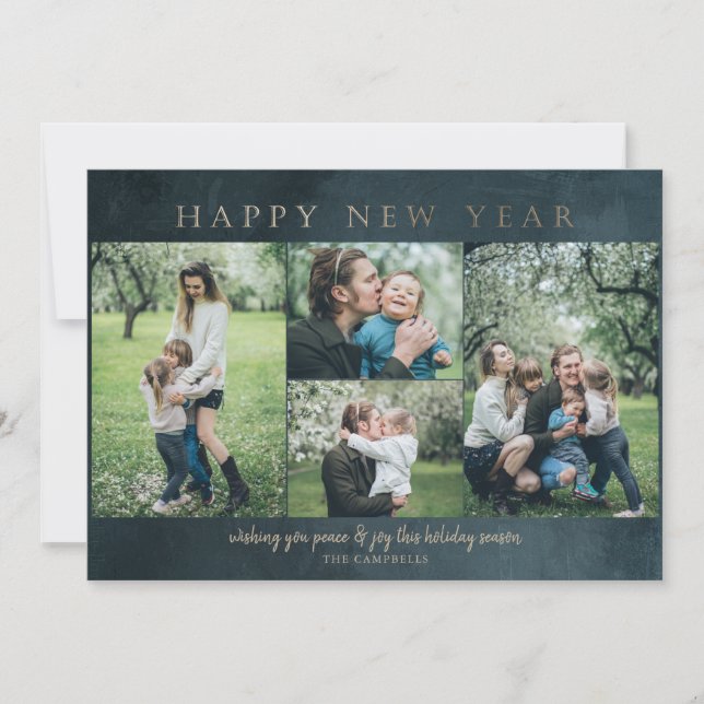 Blue Gold 4 photos Happy New Year  Holiday Card (Front)