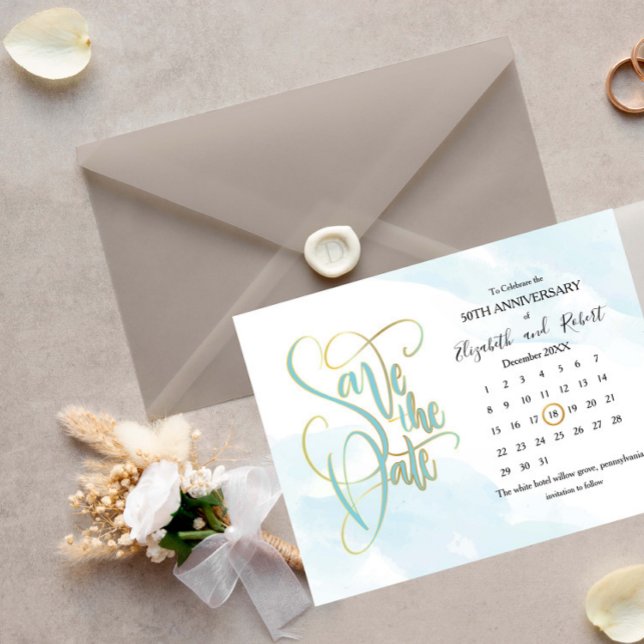 Blue Gold 50th Anniversary Save The Date Announcement Postcard (Creator Uploaded)
