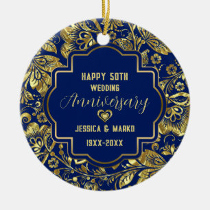Blue & Gold 50th Wedding Anniversary  Ceramic Ornament