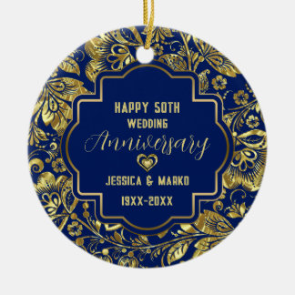 Blue & Gold 50th Wedding Anniversary Ceramic Ornament