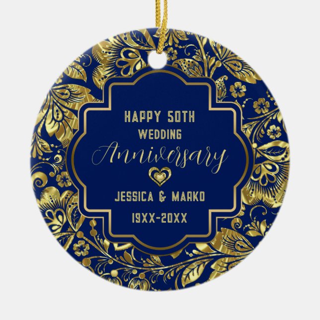 Blue & Gold 50th Wedding Anniversary  Ceramic Ornament (Front)