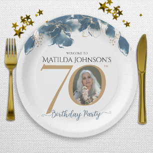Blue Gold 70th Birthday Floral Chic Custom Photo  Paper Plate