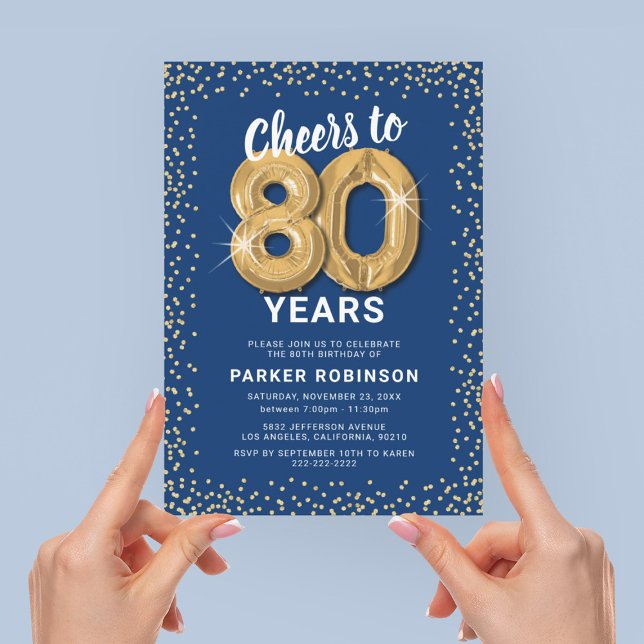 Blue Gold 80th Birthday Celebration Invite (Creator Uploaded)