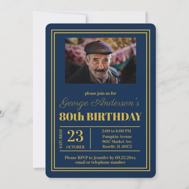 Blue Gold 80th Birthday Party Invitation (Front)