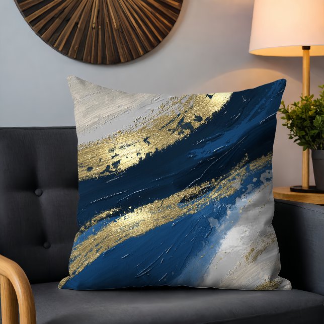 Blue Gold Abstract Brushstrokes Chic Modern Cushion (Creator Uploaded)
