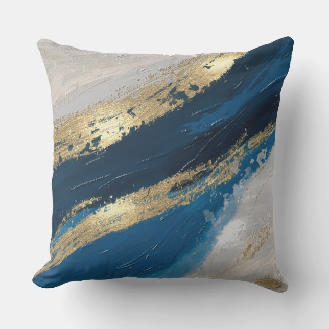 Blue Gold Abstract Brushstrokes Chic Modern Cushion (Front)