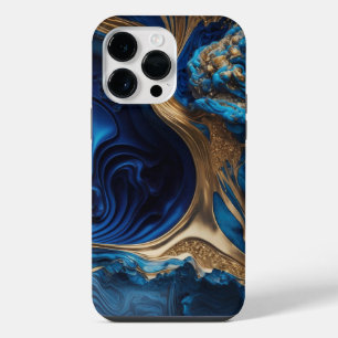 BLUE & GOLD ABSTRACT LIQUID LOOK SWIRLS iPhone 14 PRO MAX CASE