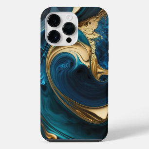 BLUE & GOLD ABSTRACT LIQUID LOOK SWIRLS iPhone 14 PRO MAX CASE
