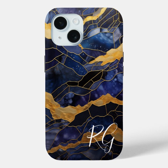 Blue Gold Abstract Marble Monogram Initials Case-Mate iPhone Case (Back)