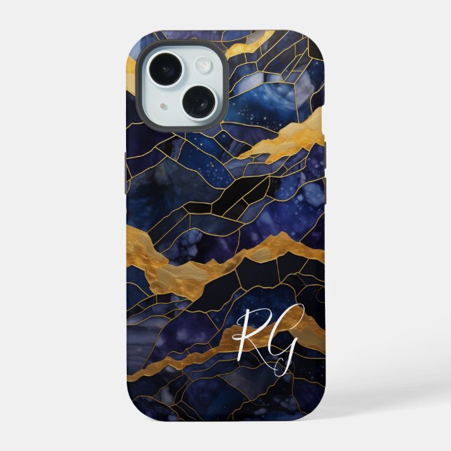 Blue Gold Abstract Marble Monogram Initials iPhone 15 Case (Back)