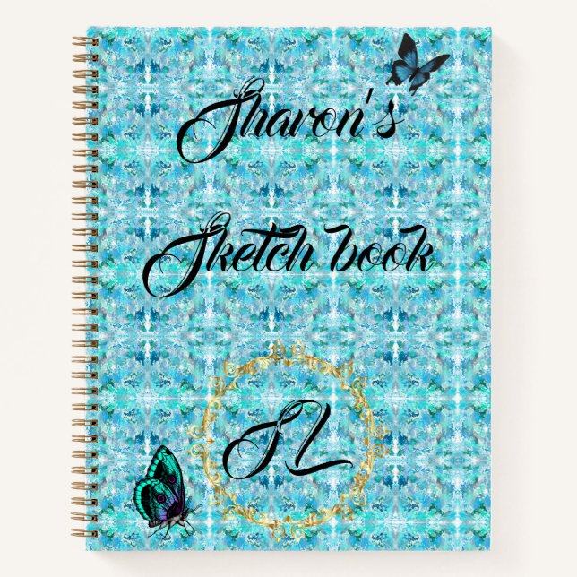 Blue Gold Abstract Monogram Butterfly Sketchbook  Notebook (Front)